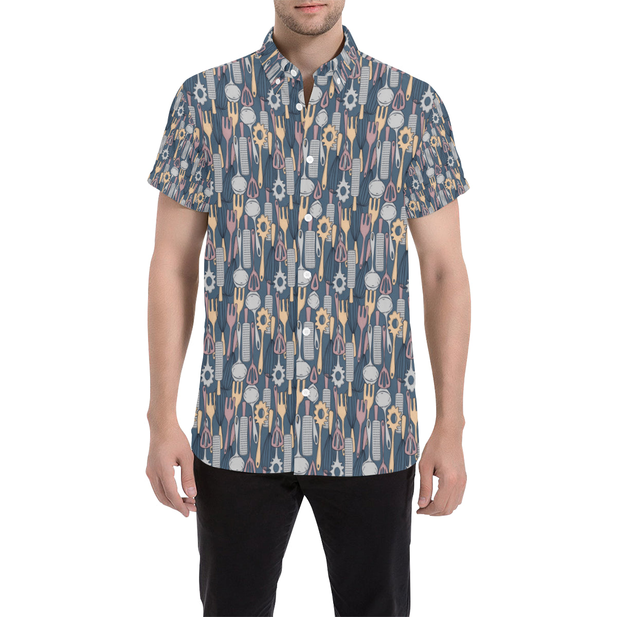 Cooking Kitchen Tools Pattern Print Design 05 Men's Short Sleeve Button Up Shirt