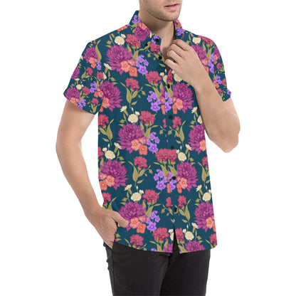 Dahlia Pattern Print Design DH01 Men's Short Sleeve Button Up Shirt