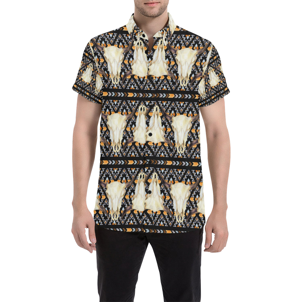 Buffalo Head Pattern Print Design 03 Men's Short Sleeve Button Up Shirt