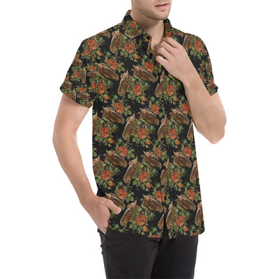 Horse Embroidery with Flower Design Men's Short Sleeve Button Up Shirt