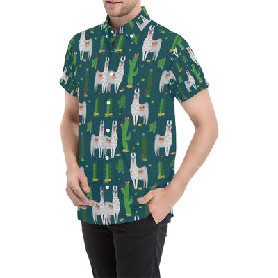 Llama Cactus Pattern Print Design 013 Men's Short Sleeve Button Up Shirt