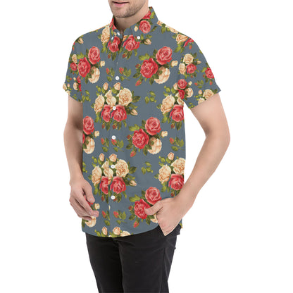 Rose Pattern Print Design RO017 Men's Short Sleeve Button Up Shirt