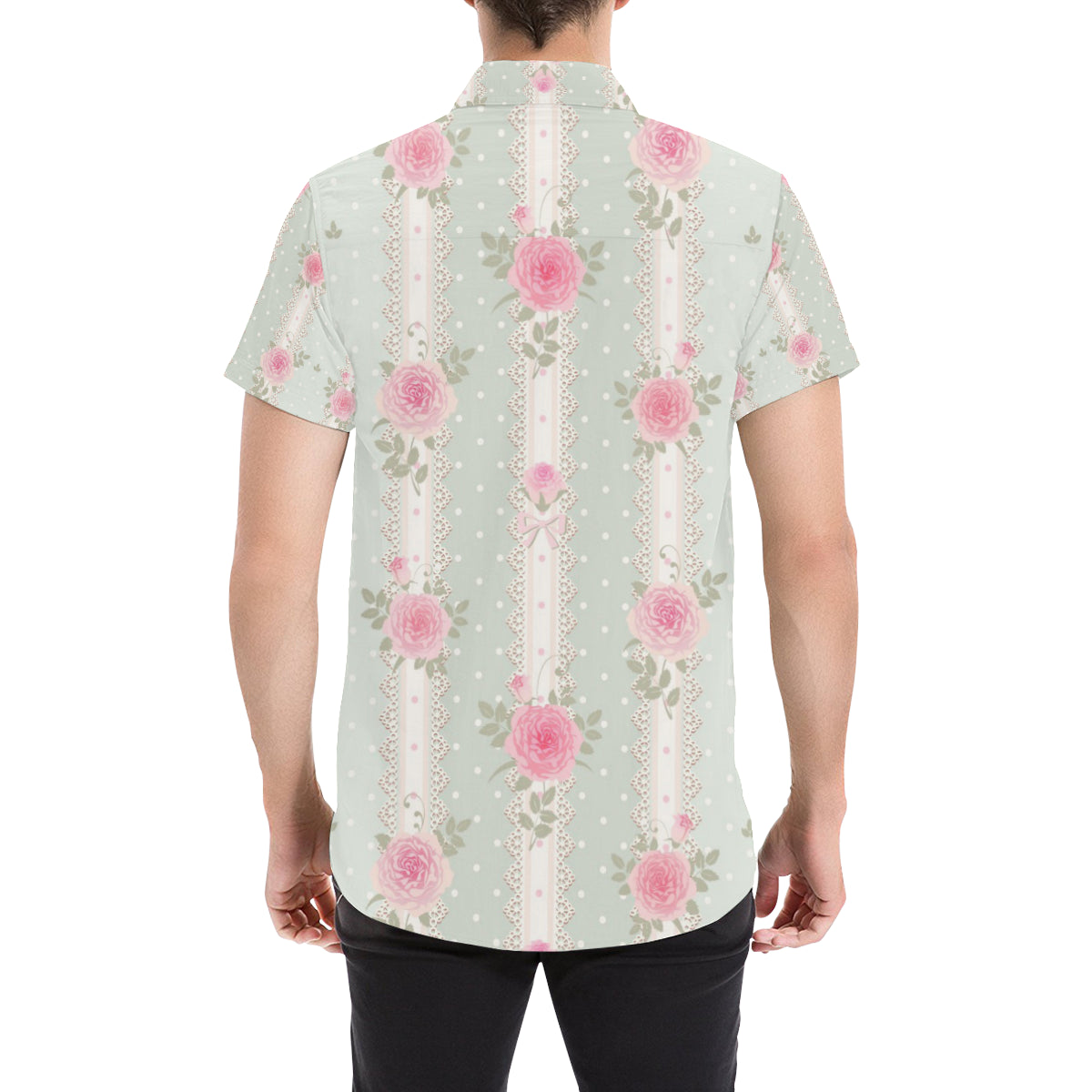 Rose Pattern Print Design RO016 Men's Short Sleeve Button Up Shirt