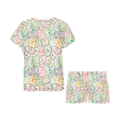 Travel Stamp Print Design LKS303 Women's Short Pajama Set