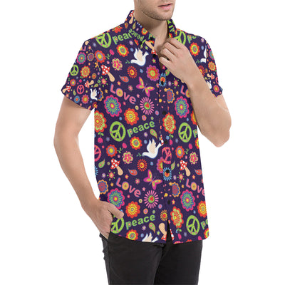 Flower Power Peace Design Print Men's Short Sleeve Button Up Shirt