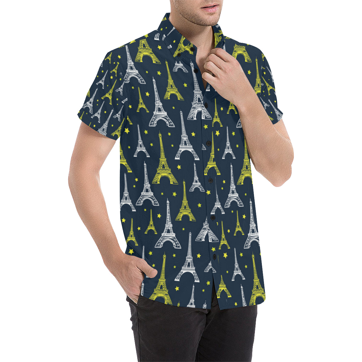 Eiffel Tower Star Print Men's Short Sleeve Button Up Shirt