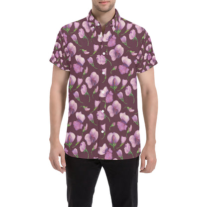 Peony Pattern Print Design PE010 Men's Short Sleeve Button Up Shirt