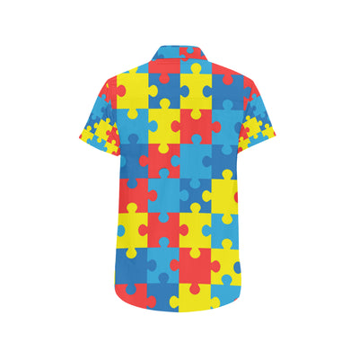 Autism Awareness Puzzles Design Print Men's Short Sleeve Button Up Shirt