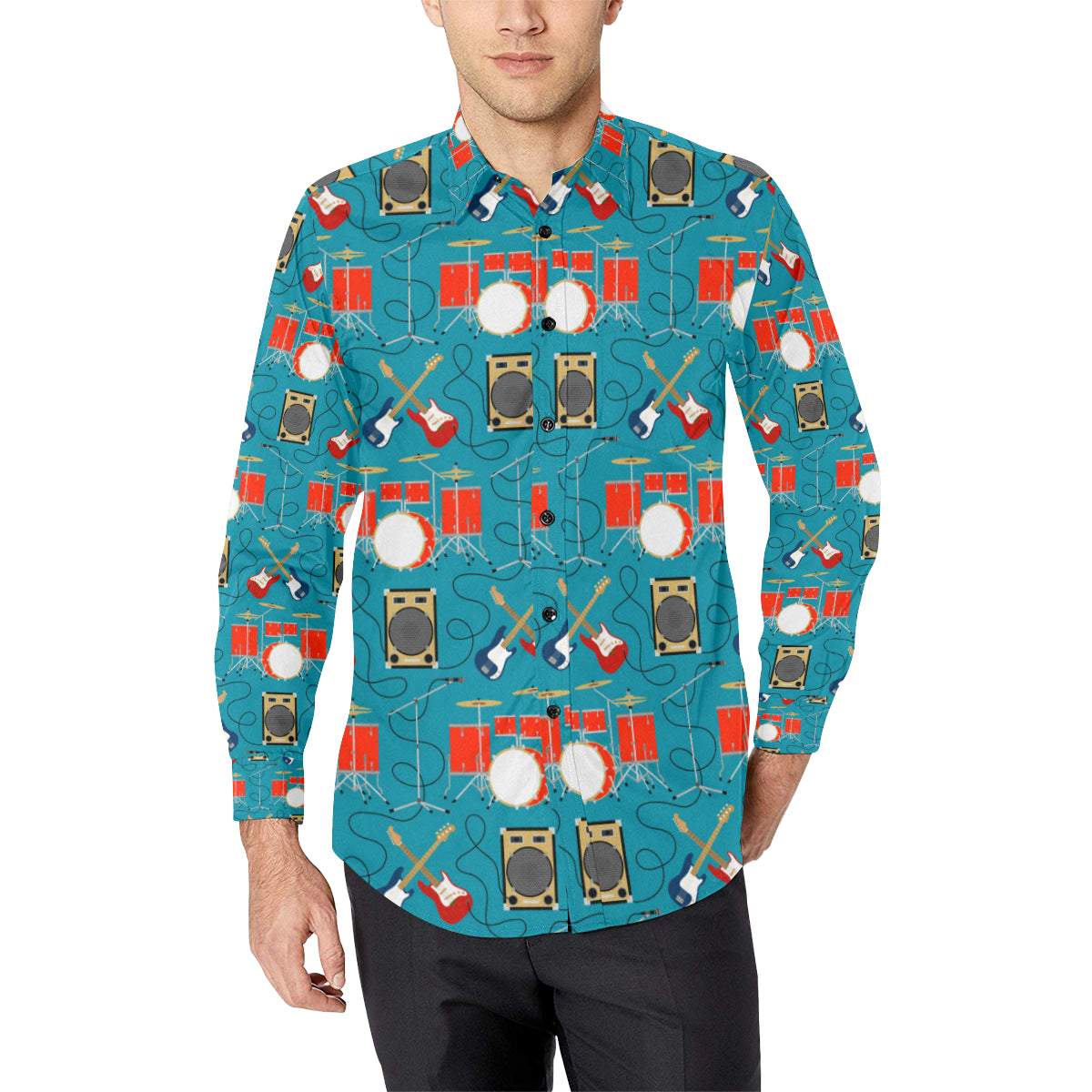 Drum Set Guitar Pattern Print Design 02 Men's Long Sleeve Shirt