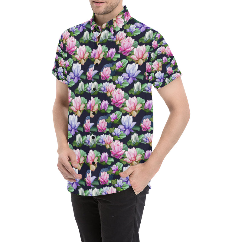 Lotus Flower Print Design Men's Short Sleeve Button Up Shirt