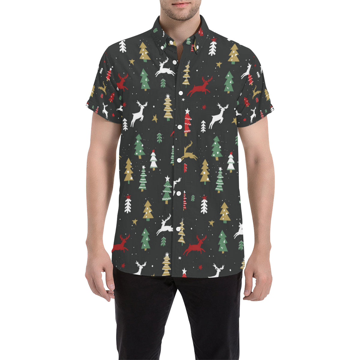 Christmas Tree Deer Style Pattern Print Design 03 Men's Short Sleeve Button Up Shirt