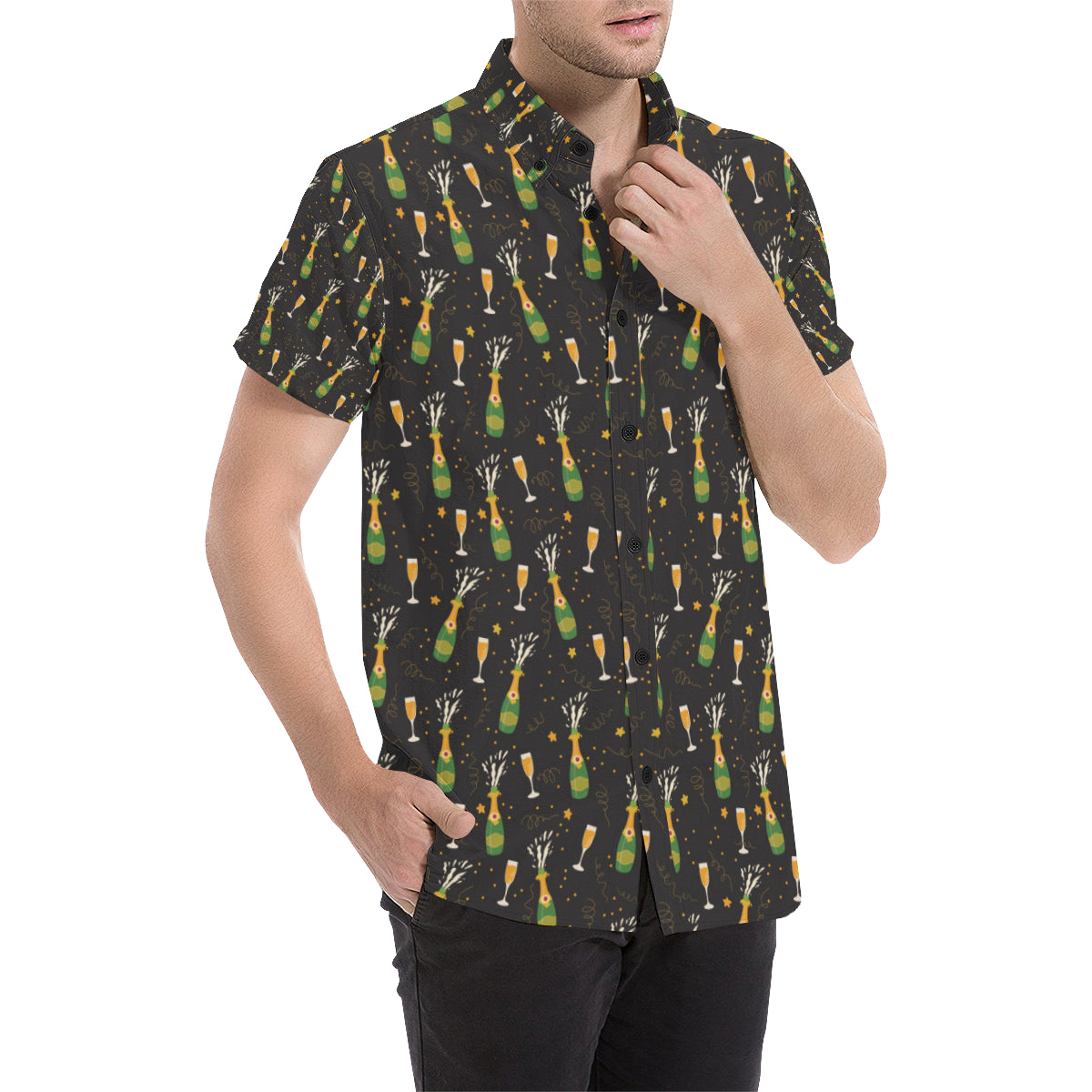 Champagne Pattern Print Design 04 Men's Short Sleeve Button Up Shirt