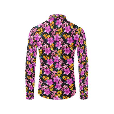 Tropical Folower Pink Hibiscus Print Men's Long Sleeve Shirt