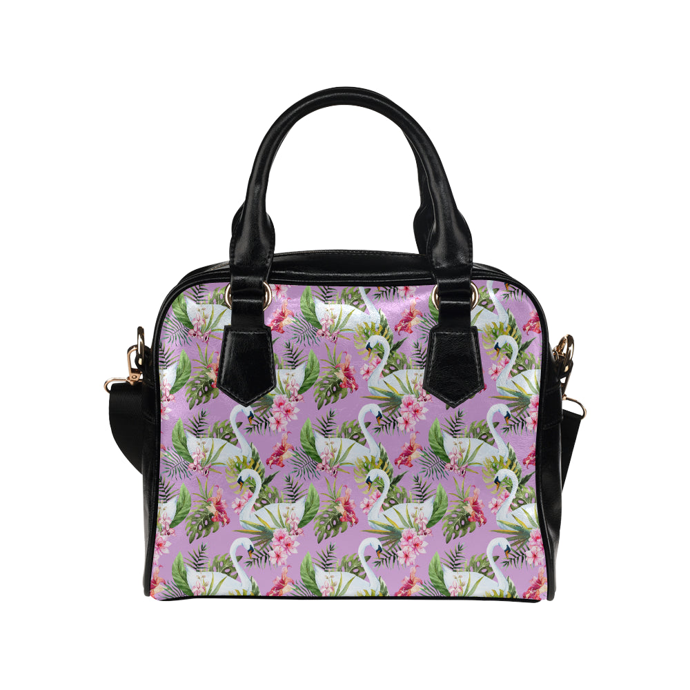 Swan with Flower Pattern Print Design 01 Shoulder Handbag
