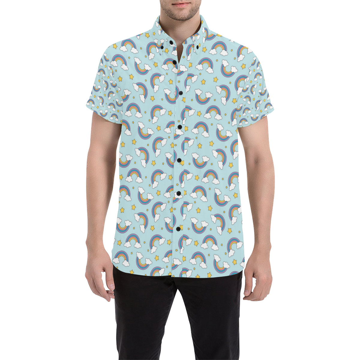 Rainbow Cloud Print Pattern Men's Short Sleeve Button Up Shirt