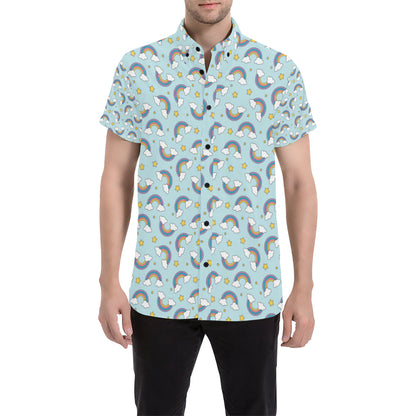 Rainbow Cloud Print Pattern Men's Short Sleeve Button Up Shirt
