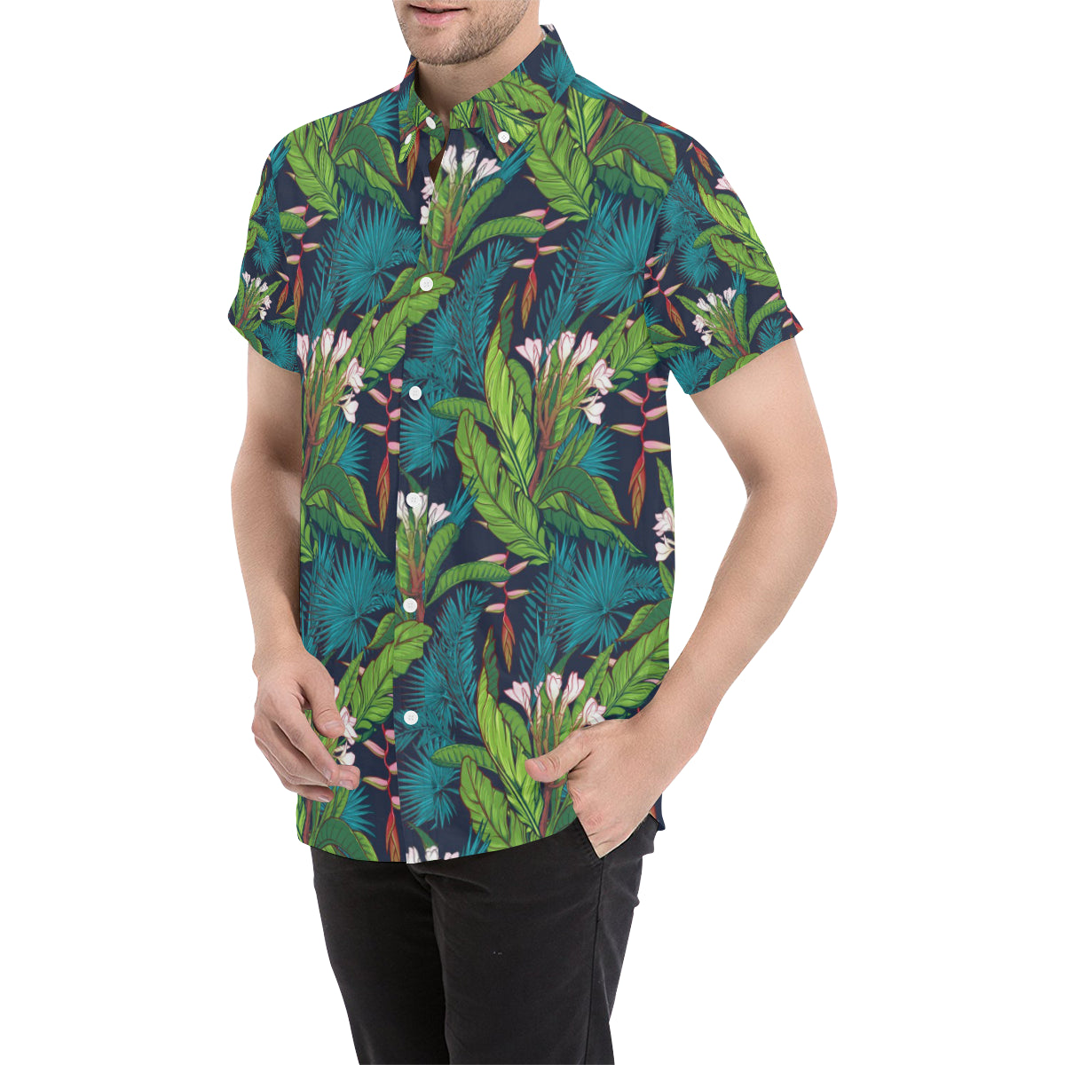 Rainforest Pattern Print Design RF01 Men's Short Sleeve Button Up Shirt