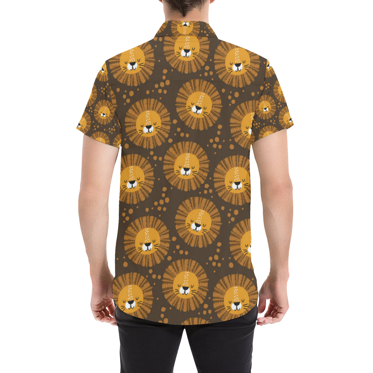 Lion Cartoon Pattern Print Design 01 Men's Short Sleeve Button Up Shirt