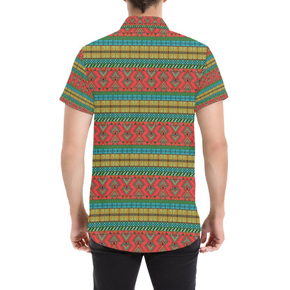 African Colorful Zigzag Print Pattern Men's Short Sleeve Button Up Shirt