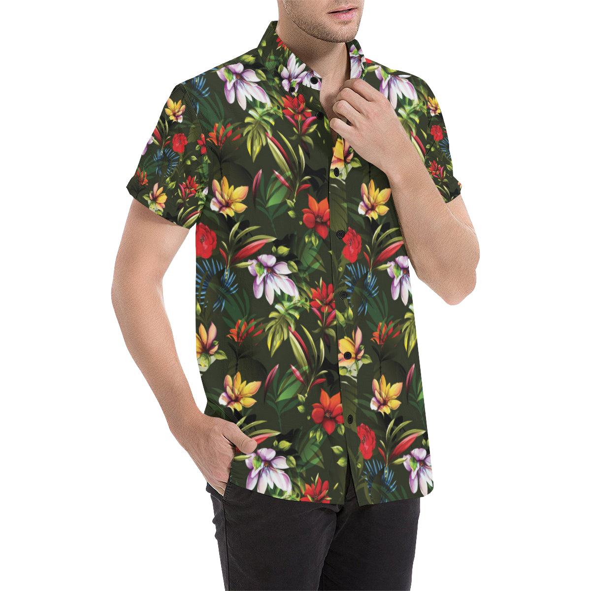 Magnolia Pattern Print Design 02 Men's Short Sleeve Button Up Shirt