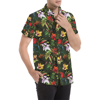 Magnolia Pattern Print Design 02 Men's Short Sleeve Button Up Shirt