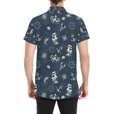 Nautical Sea Themed Print Men's Short Sleeve Button Up Shirt