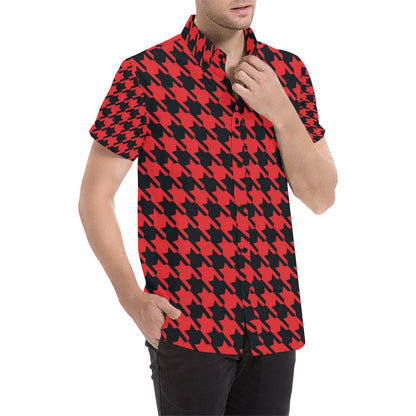 Houndstooth Red Pattern Print Design 03 Men's Short Sleeve Button Up Shirt