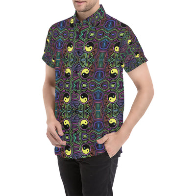 Yin Yang Neon Color Design Print Men's Short Sleeve Button Up Shirt