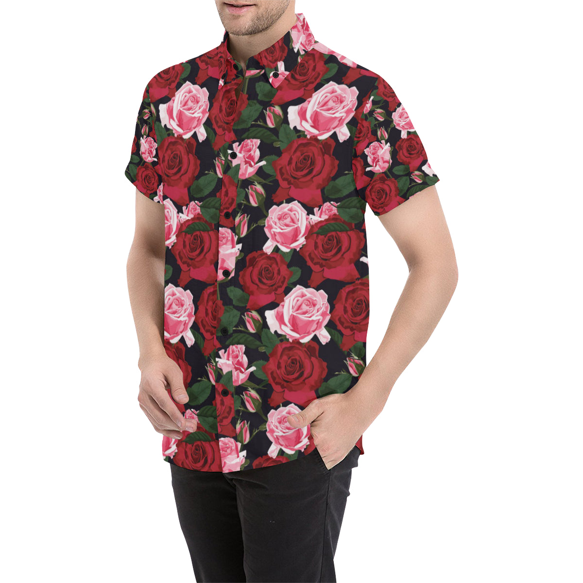 Rose Red Pink Pattern Print Design RO01 Men's Short Sleeve Button Up Shirt