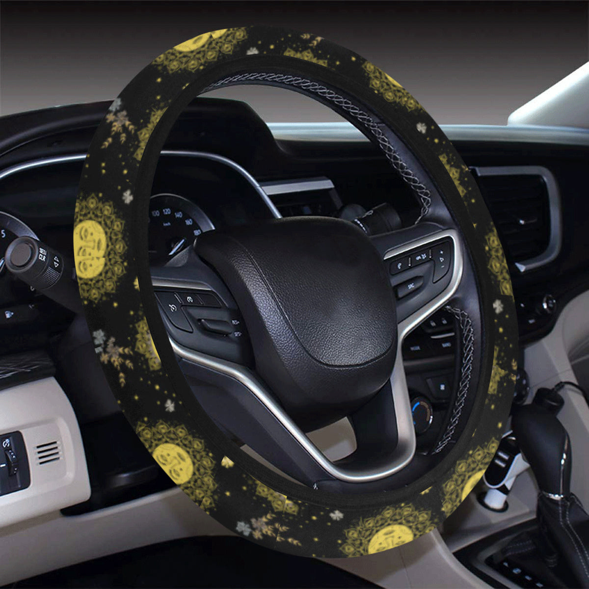 Sun Moon Golden Design Themed Print Steering Wheel Cover with Elastic Edge