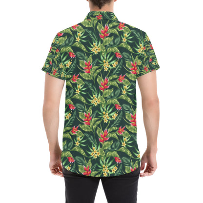 Tropical Folower Red Heliconia Print Men's Short Sleeve Button Up Shirt