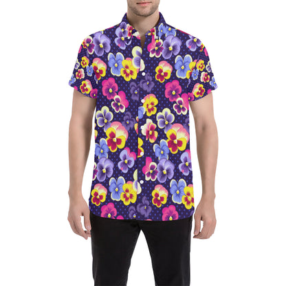 Pansy Pattern Print Design PS04 Men's Short Sleeve Button Up Shirt