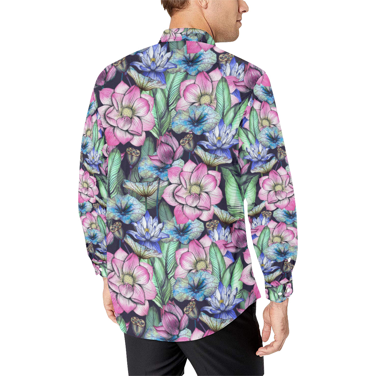 Water Lily Pattern Print Design WL07 Men's Long Sleeve Shirt