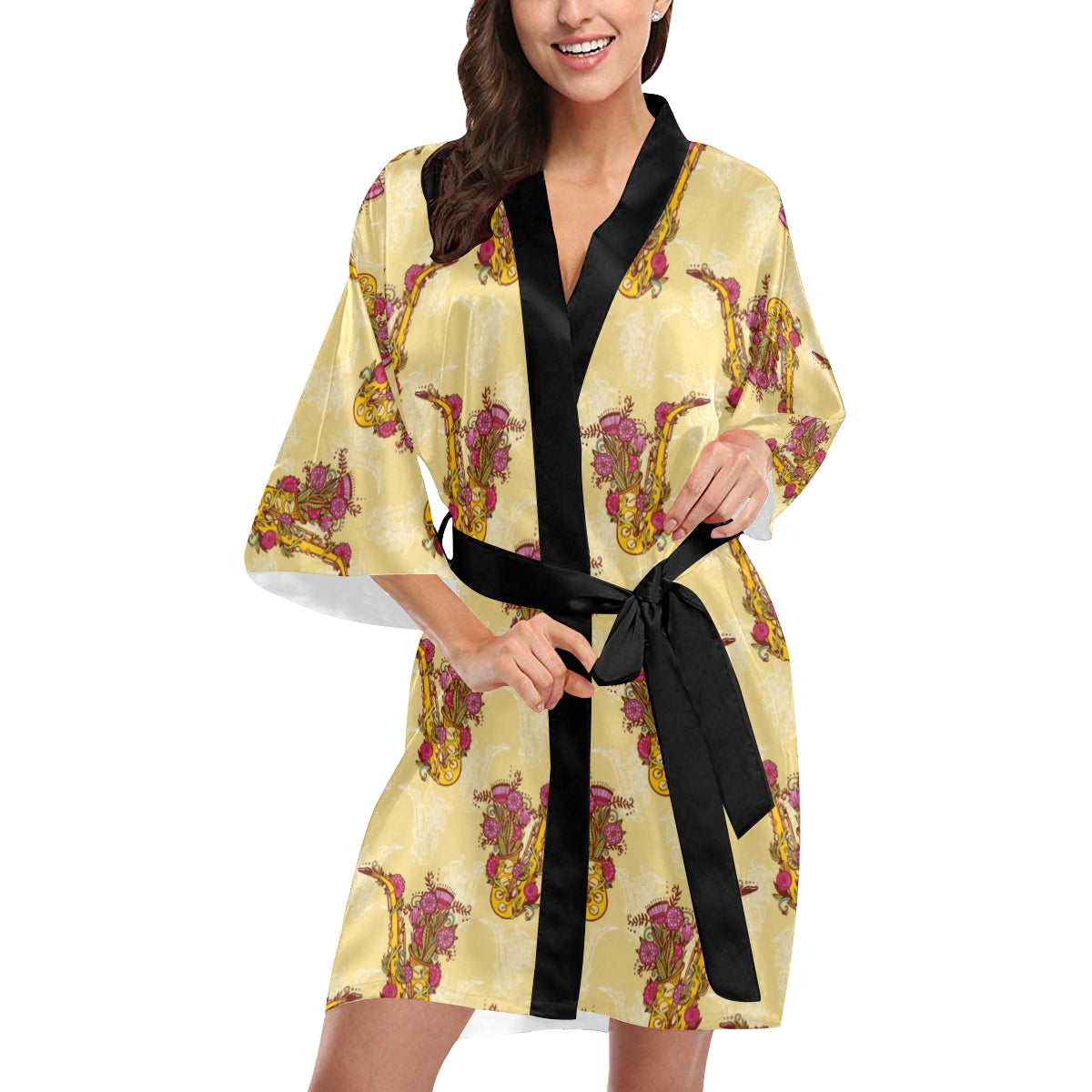 Saxophone Pattern Print Design 04 Women's Short Kimono