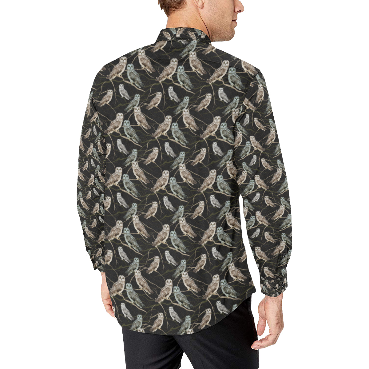 Owl Branch Themed Design Print Men's Long Sleeve Shirt