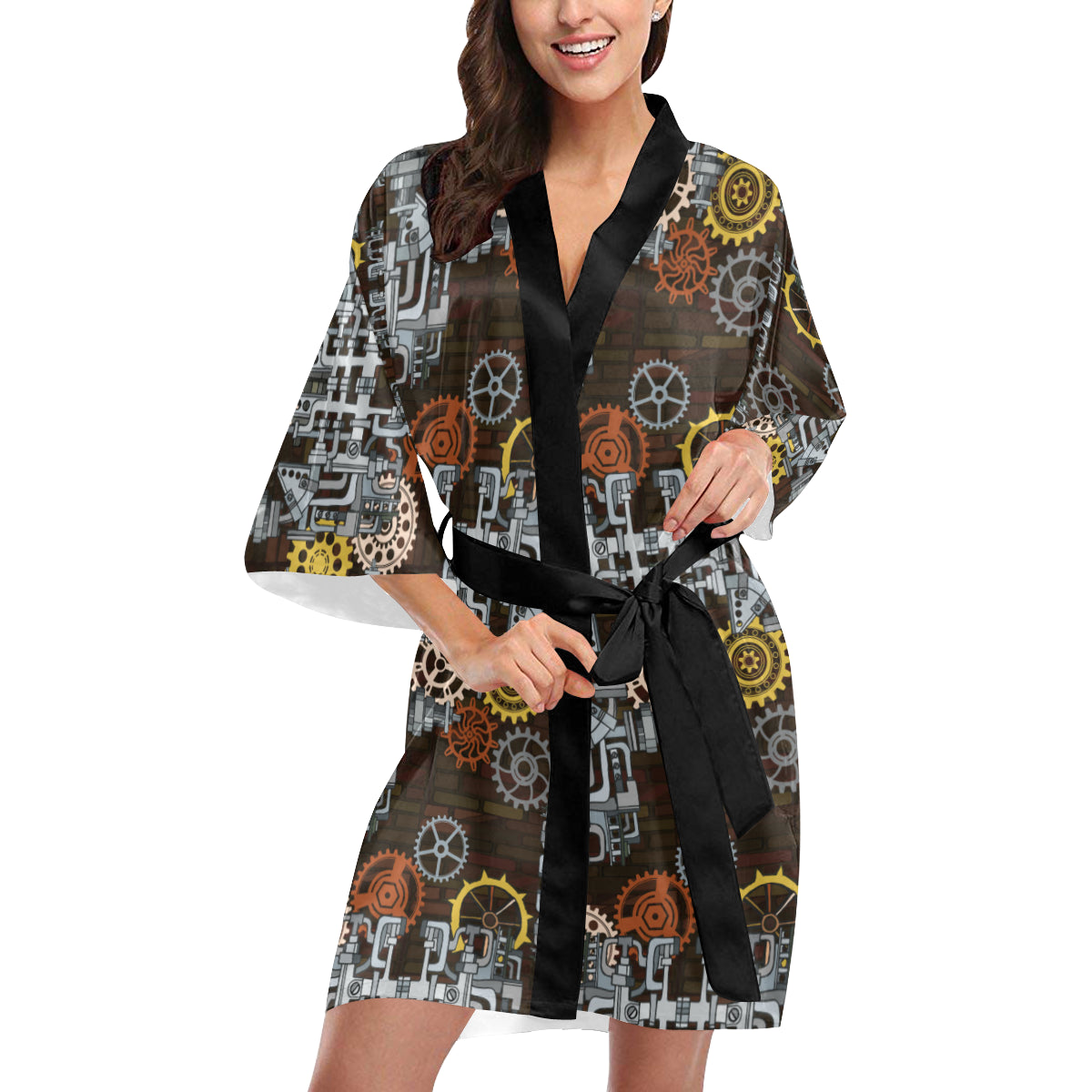 Mechanic Pattern Print Design 04 Women's Short Kimono