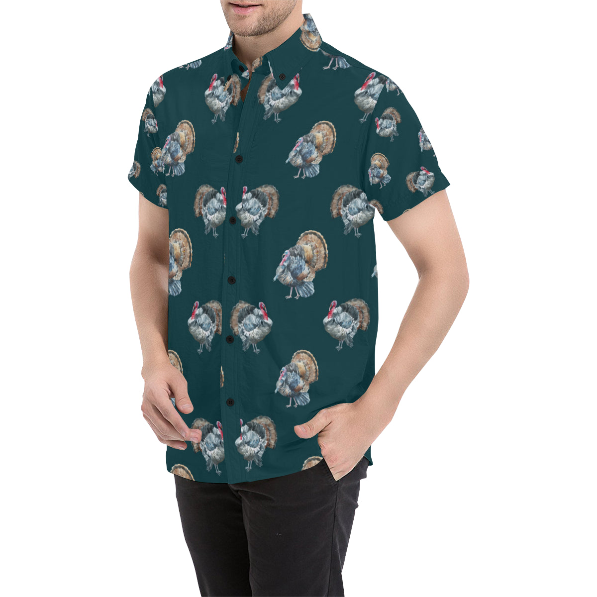 Turkey Pattern Print Design 03 Men's Short Sleeve Button Up Shirt