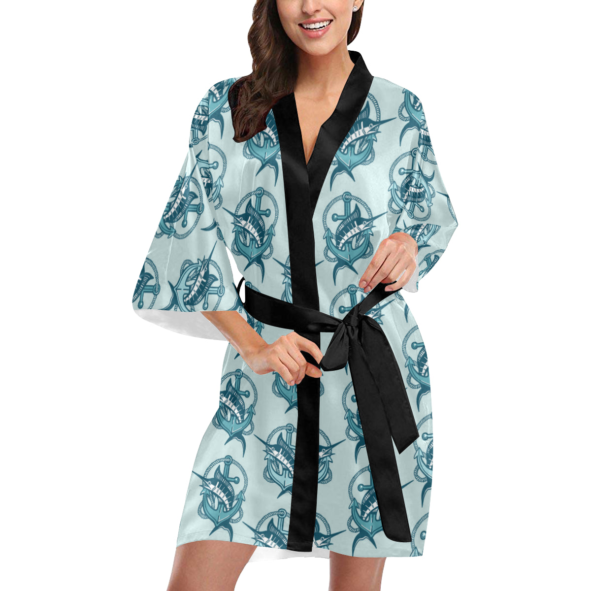 Swordfish Pattern Print Design 03 Women's Short Kimono