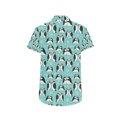 Penguin Love Print Men's Short Sleeve Button Up Shirt