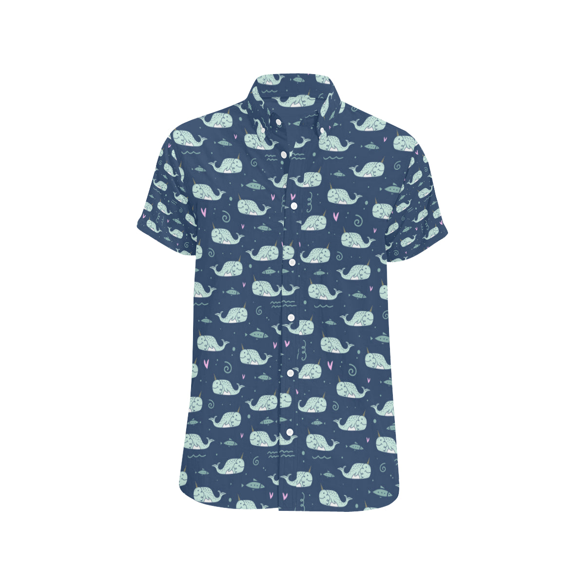 Narwhal Design Print Men's Short Sleeve Button Up Shirt