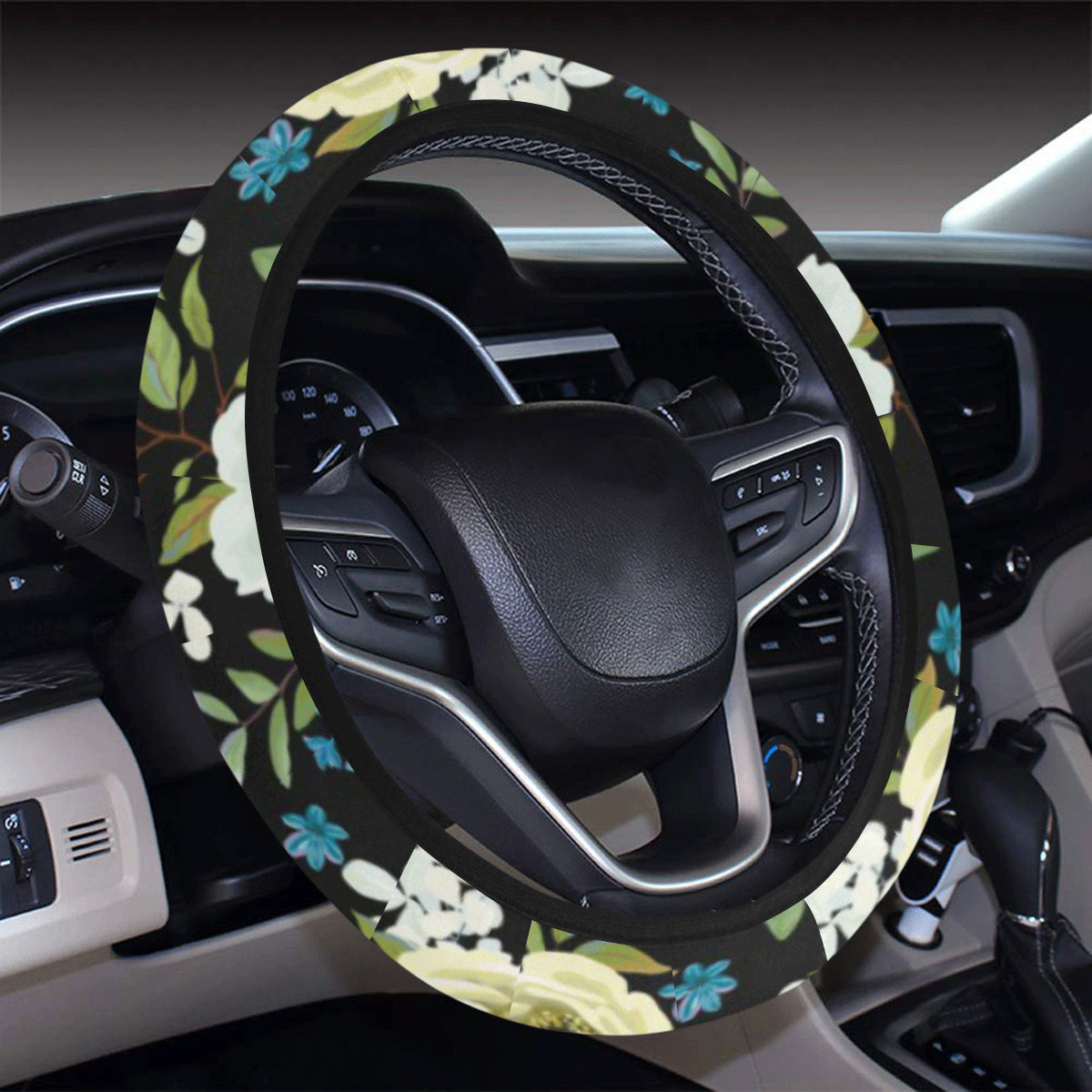 Anemone Pattern Print Design AM03 Steering Wheel Cover with Elastic Edge