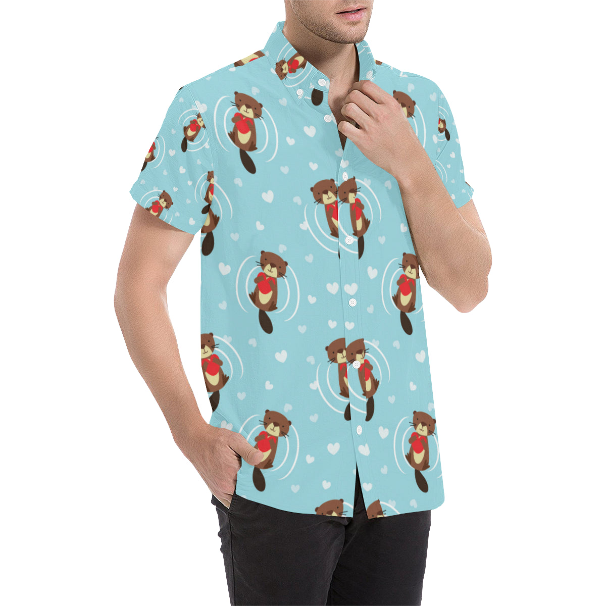 Sea Otter Cute Pattern Print Design 04 Men's Short Sleeve Button Up Shirt