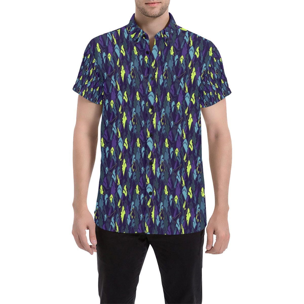 Shark Neon color Print Men's Short Sleeve Button Up Shirt