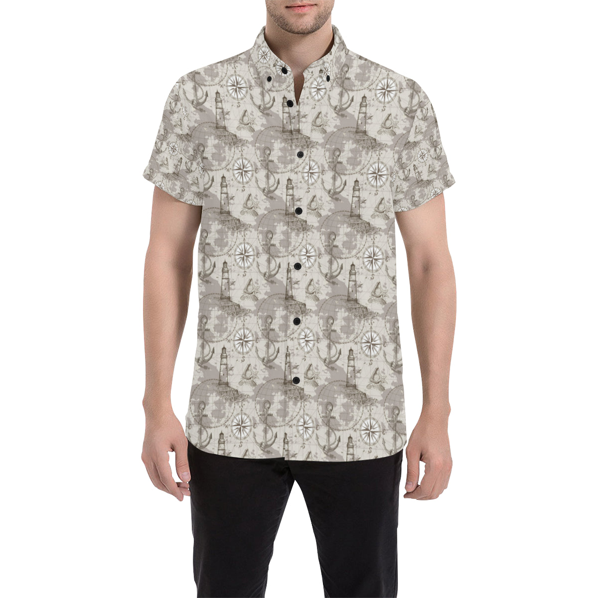 Nautical Map Design Themed Print Men's Short Sleeve Button Up Shirt