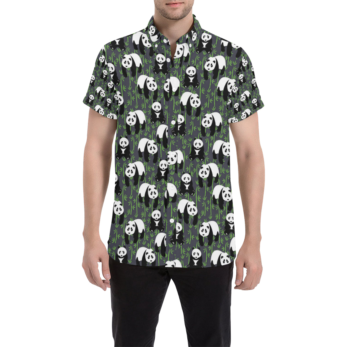 Panda Bear Bamboo Themed Print Men's Short Sleeve Button Up Shirt