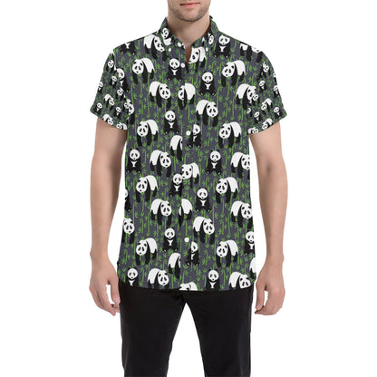 Panda Bear Bamboo Themed Print Men's Short Sleeve Button Up Shirt