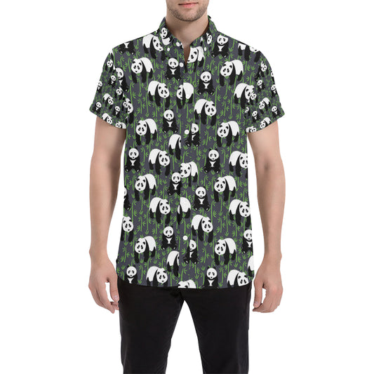 Panda Bear Bamboo Themed Print Men's Short Sleeve Button Up Shirt
