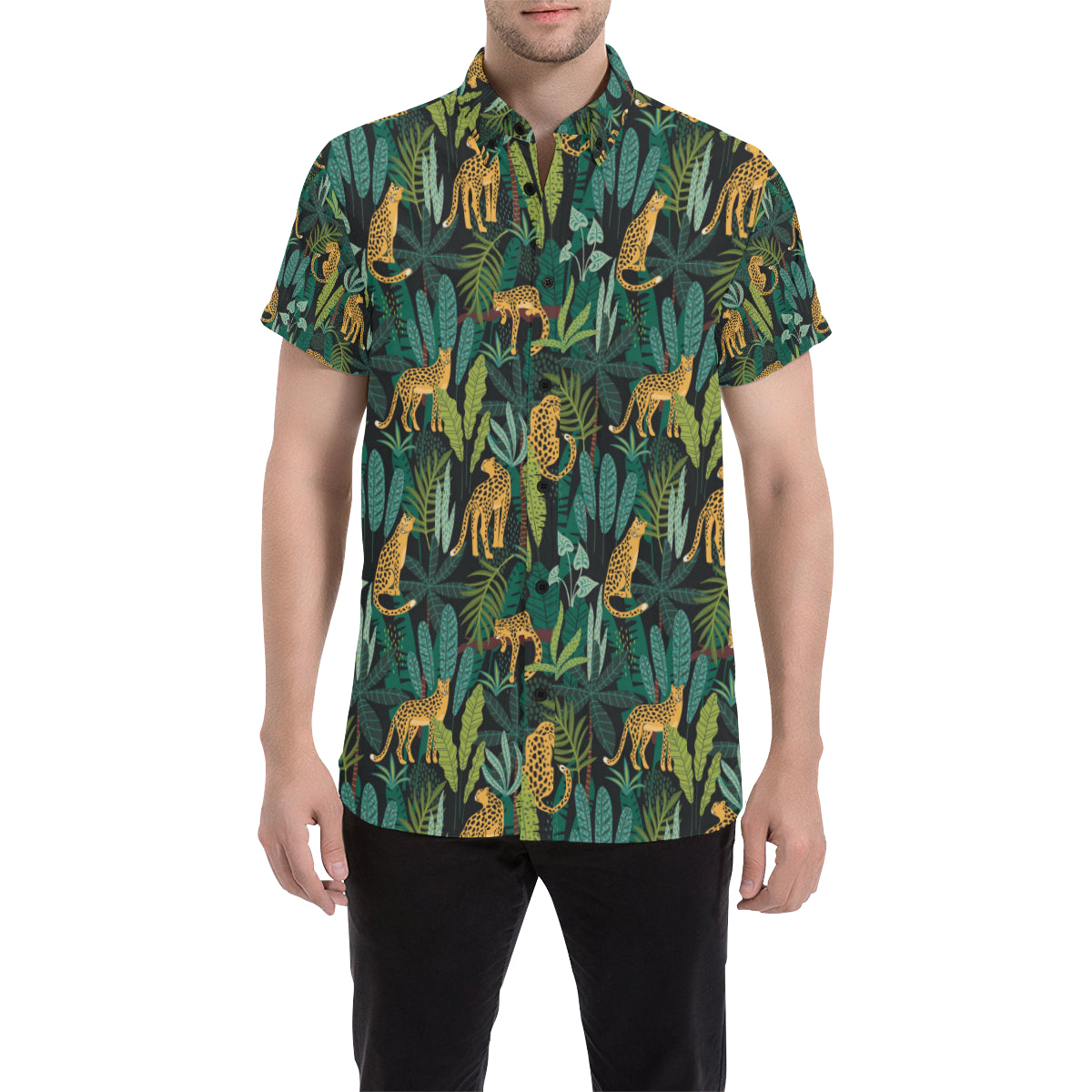 Jaguar Jungle Pattern Print Design 03 Men's Short Sleeve Button Up Shirt