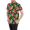 Pink Red Hibiscus Pattern Print Design HB023 Men's Short Sleeve Button Up Shirt