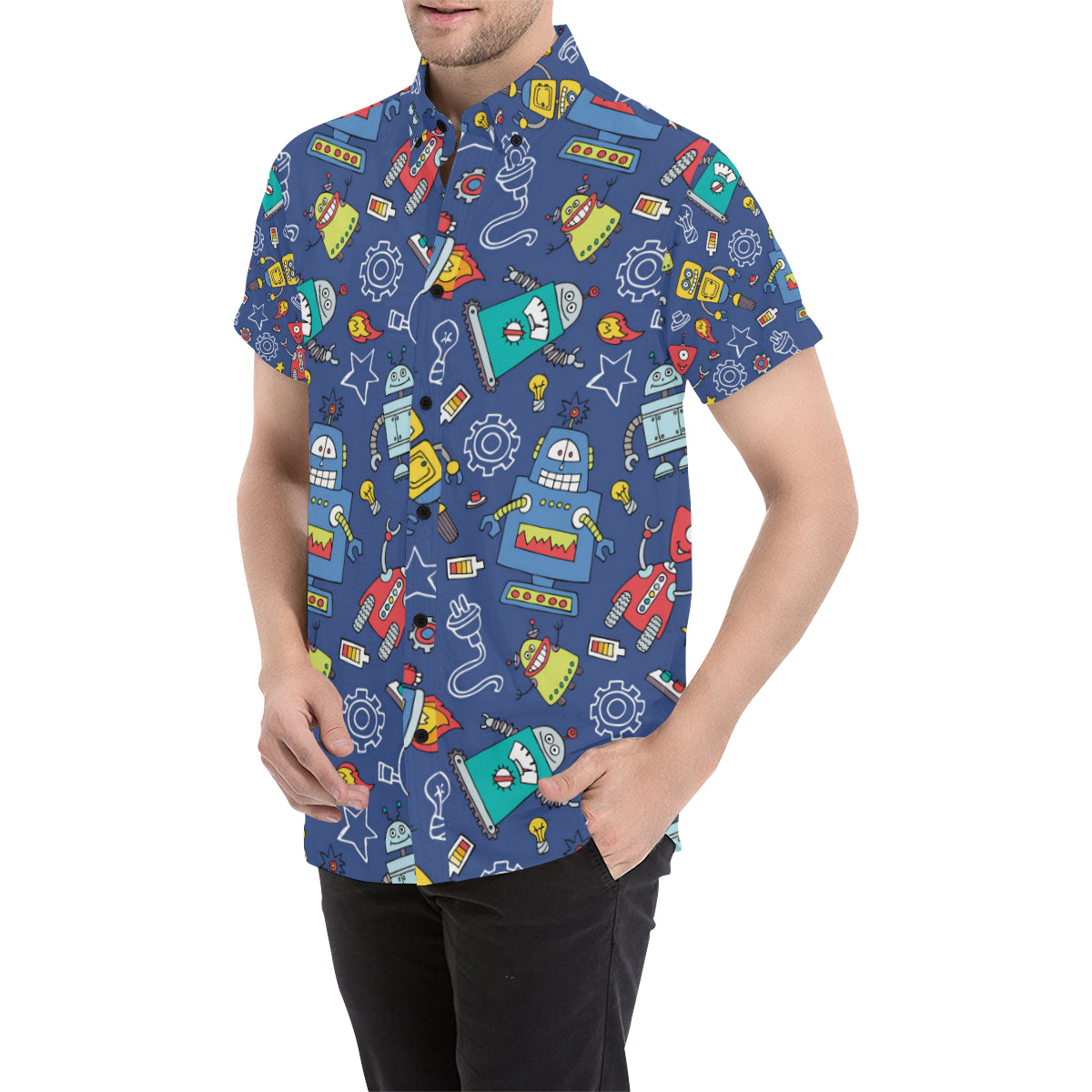 Robot Pattern Print Design A03 Men's Short Sleeve Button Up Shirt